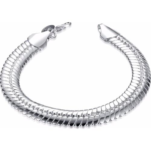 2017 New 925 Silver Jewelry Simple Geometric Silver 10mm Snake Chain Mens Lobster Style Bracelet Free Shipping