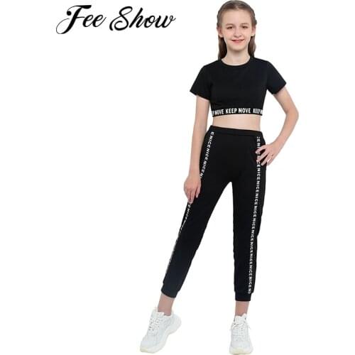 New Kids Girls Two Pieces Yoga Gym Running Sport Suits Sportwear Letter Printed Short Sleeves Crop Top with Elastic Leggings