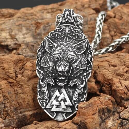 Odin wolf Freki amulet rune Valknut viking necklace with valknut gift bag