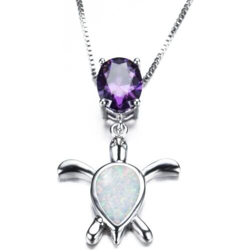 White Fire Opal Water Drop Turtle Pendant Necklaces For Women Wedding Jewelry Vintage Fashion 925 Sterling Silver Chain Necklace