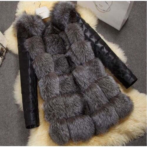Savabien Winter Coat Women Faux Fur Jacket Patchwork Leather Long Sleeve Cheap Faux Fur Coat Vintage Black Silver Fox Overcoat