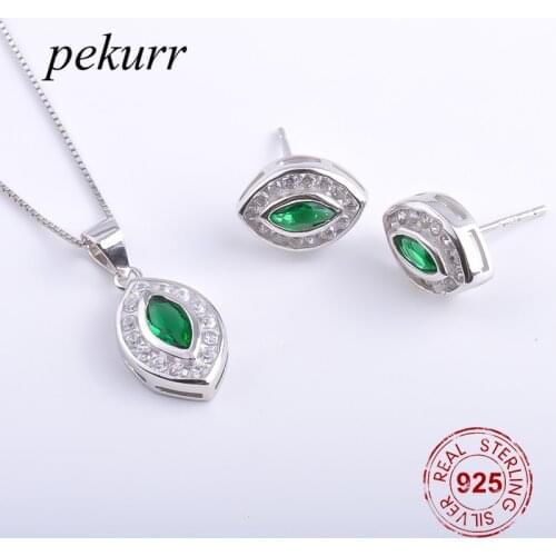 Pekurr 925 Sterling Silver Crystal Oval Evil Eye Earrings Necklace Sets For Women Zircon Geometry Pendants Jewelry Sets