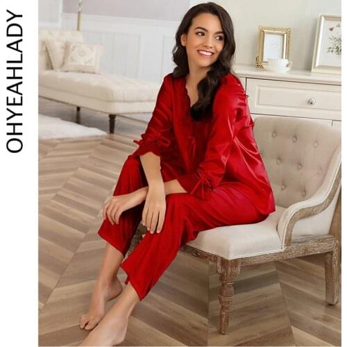 Ohyeahlady Long Sleeve Sleep Lounge Women Silk Pajamas Sets Female Pyjamas Satin Sleepwear for Women Pyjama Femme RJ80883