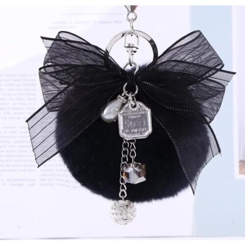 Pom pom rabbit real fur fluffy Keychain charms Keyring diy for ladies pompon porte clef Key chain bow handbag bag accessories