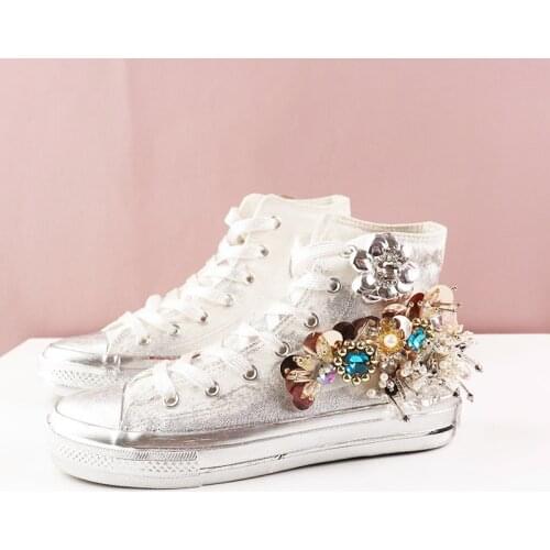 Heavy industry canvas shoes womens high-top retro small dirty shoes handmade tide shoes rhinestone casual sports shoes