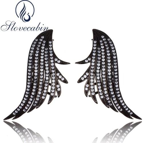 Slovecabin Real 925 Sterling Silver Black Angel Wings Stud Earrings With Clear Cubic Zircon Authentic Fashion New Jewelry Making