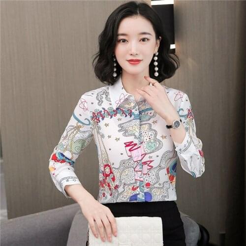 Dropshipping Spring Summer Fall Vintage Print Collar Long Sleeve Women Ladies Office Party Casual Workwear Top Shirt Blouse