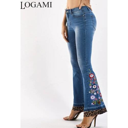LOGAMI Leopard Patchwork Floral Embroidery Jeans Women Elastic Skinny Flare Denim Pants Woman Autumn Jeans