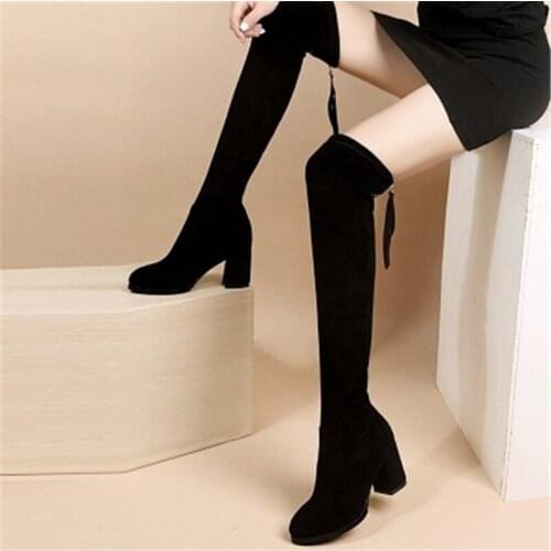 Fashion Over The Knee Women Stretch Boots 2020 New Winter Warm Long Boots Women High Heel Back Zip Rubber Slim Boots Black 33-40
