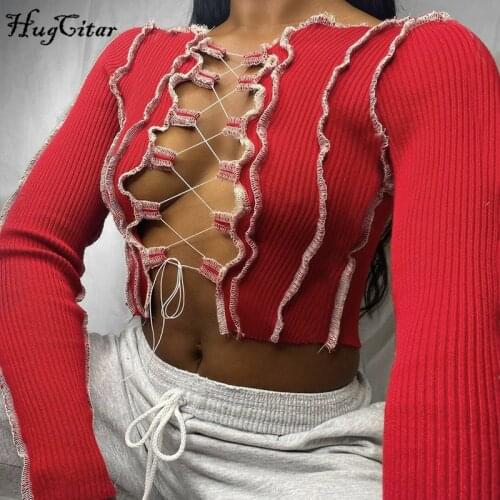 Hugcitar 2020 long sleeve patchwork bandage hollow out sexy crop top autumn winter women fashion streetwear outfit T-shirts tees