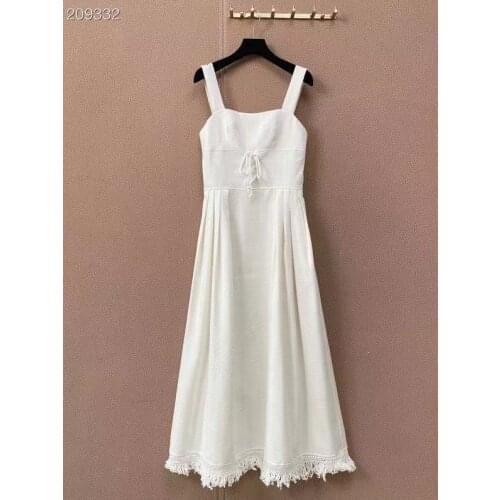 Fashion Runway Summer Dress 2021 New Womens Spaghetti Strap Slash Neck Sleeveless Tassel Long White Empire Dress