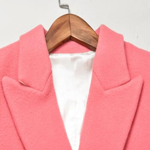 Women Woolen Coat Sweet Pink Double Breasted Notched Collar Long Sleeve Jacket Outwears