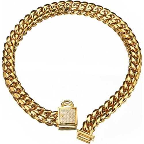 Gold Dog Chain Choker 14MM Heavy Duty Cuban Chain 316L Stainless Steel Collar With Bling Zirconia Lock Luxury Dog Necklace10-26"