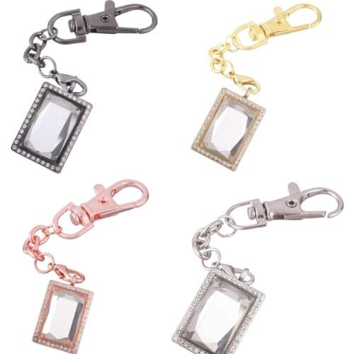 1pcs Rectangle stone Rhinestone Alloy Floating charm Locket Keychain with Lobster clasp DIY twist memory Glass locket Key chain