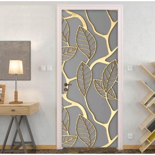 2Pcs/Set Golden Leaves 3D Door Sticker PVC Self-adhesive Waterproof Wallpaper Wall Decals Home Decor Living Room Bedroom Decor