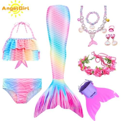 AngelGirl 2020 Swimmable Mermaid Tail kids with Flipper Girls Mermaid Swimsuit Children Mermaid Holiday Beach Cosplay Costume