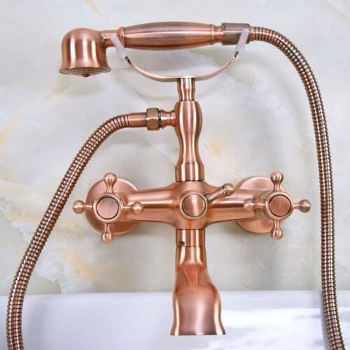 Antique Red Copper Brass Wall Mounted Bathroom Clawfoot Tub Faucet Mixer Tap Telephone Shower Head Dual Cross Handles ana339