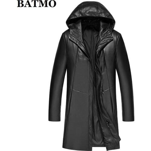 BATMO 2019 new arrival winter high quality sheepskin white duck down hooed jackets men,mens warm real leather coat,plus-size