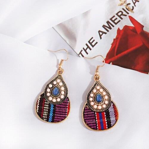 Plaid Striped Bohemian Pendant Ladies Retro Round Drop-Shaped Earrings Ladies Ethnic Drop Earrings