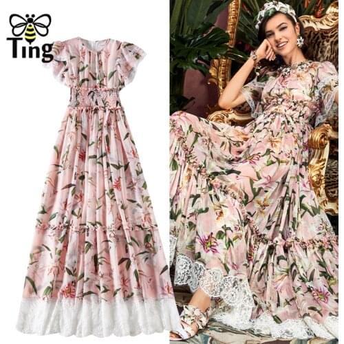 Tingfly Designer Vogue Chic Lily Flower Floral Party Dresses Maxi Long Lace Patchwork Ruffles A Line Dress Elbise Frocks Women
