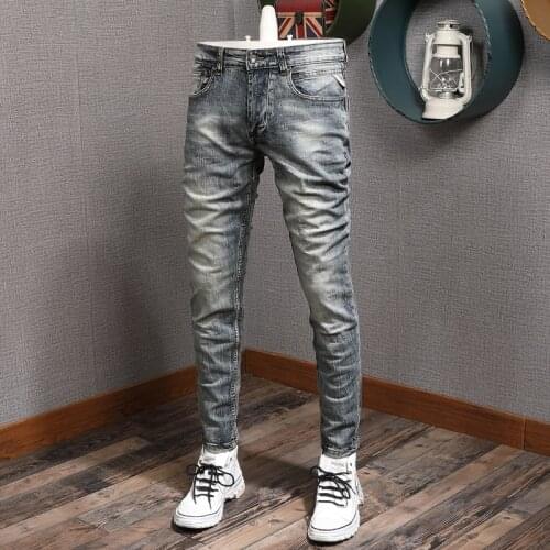 European American Vintage Fashion Men Jeans Elastic Cotton Slim Fit Ripped Jeans Men Distressed Scratch Designer Denim Pants