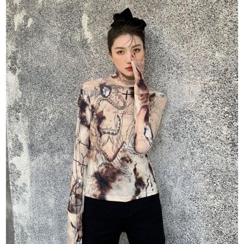 Sexy Print Tshirt Women Spring fashion long sleeve Gothic T-shirt Bodycon Ladies Lady Top