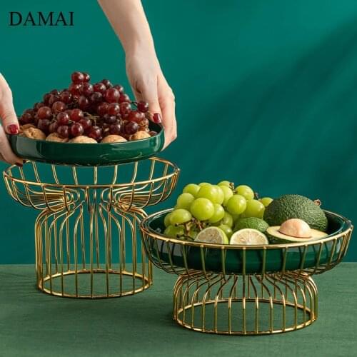 Nordic Modern Ceramic Fruit Plate Decorative Golden Iron Frame Base Porcelain Dessert Cake Stand Home Restaurant Serving Tray