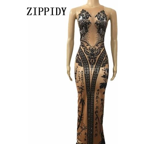 Chinese Bamboo Printed Long Dress Bright Crystals One-piece Costume Female Singer Nigjtclub Party Show Celebrate Outfit Clothes