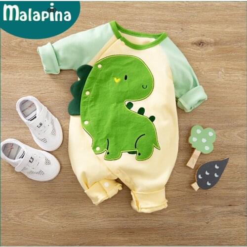 Malapina New Born Baby Clothes Unisex Cotton Green Dinosaur Animal Print Onesie Long Sleeve Romper Toddler Playsuit