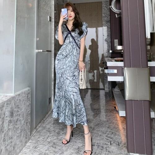 Summer Vintage Sexy Party Dresses High End Classy Print Maxi Dress Women Short Sleeve V Neck Elegant Vacation Dress Vestidos