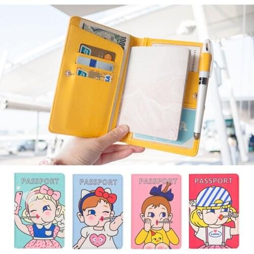 Cute cartoon soft girl Multi purpose leather id clip Multi card Travel passport holder passport bag Documents bag Purse cases