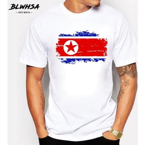 BLWHSA Nostalgic Style Mens North Korea Flag Print T-Shirt Cool T Shirt Men Summer White T shirt Hipster Tees