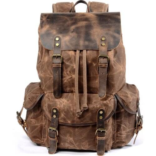 Mens Backpack Casual Canvas bag rucksack retro backpack drawstring mens oil wax oblique travel backpack Large capacity