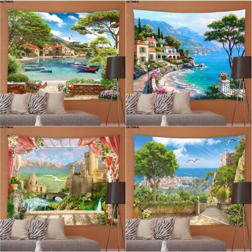 Landscape Tapestry Natural Scenery Mountain Lake Wall Hanging Tapestries Cloth Living Room Background Fabric Tablecloth Decor