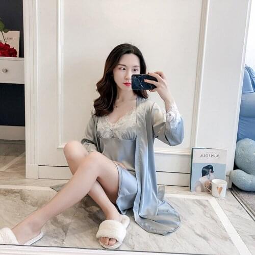 Casual Lady Summer Night Robe Sleepwear Sets Sexy Woman 2PC Strap Top Suit Pajamas Home Wear Nightwear Sleep Kimono Bath Gown