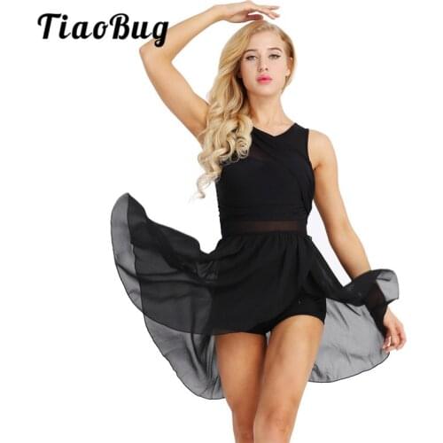 TiaoBug Women Sleeveless Asymmetrical Cutout Chiffon Stretchy Ballet Tutu Dress Adult Gymnastics Ballerina Dance Leotard Dress