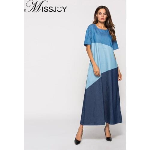 MISSJOY Muslim National Women Arabian Denim short sleeve O-Neck Hui Muslim Dress hit color patchwork fashion Ankle-Length dress
