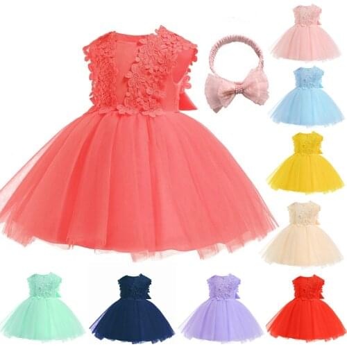 New Baby Dresses Infant Sleeveless Lace Tulle Christening Dresses with Headband Toddler Girls Baptism Clothing
