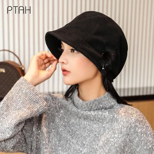 [PTAH] Simple Women Wool Beret For Elegant Lady Winter Female Cotton Hats Solid Color Vintage Octagonal Casual Beret Autumn Girl