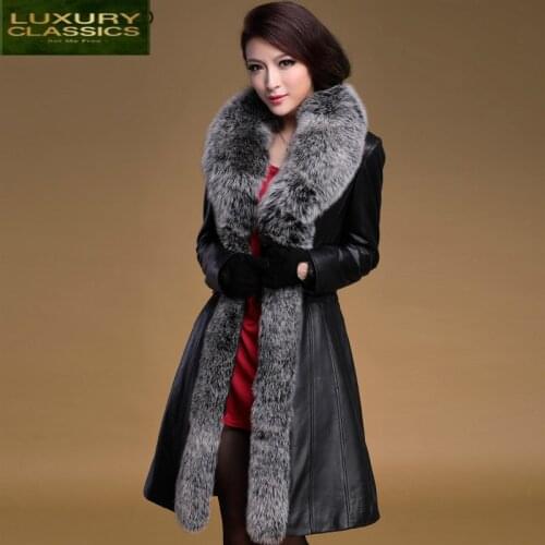 Jacket Women Genuine Winter Leather Down Parka Real Fox Fur Collar Long Plus Size 5XL Natural Sheepskin Coats LWL1265