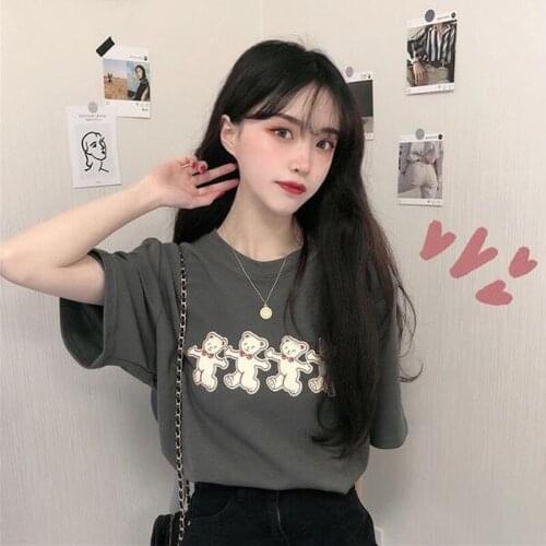 Cute Cartoon Bear Print T-shirt Women Lovely Style Short Sleeve O Neck Tshirt Women Cotton Spandex T-shirt Women