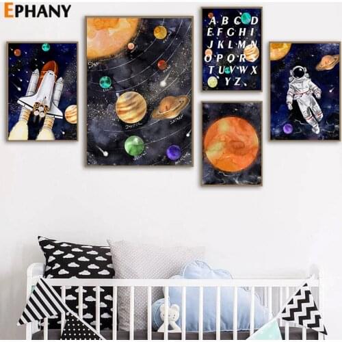 Solar System Nursery Canvas Painting Astronaut Alphabet Wall Art Nordic Planets Sun Moon Print Poster Picture for Kid Room Decor