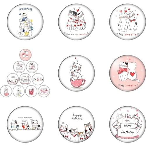 Sweet Lovely Cat Love Happy Birthday 12mm/20mm/25mm/30mm Round Photo Glass Cabochon Demo Flat Back Making Findings