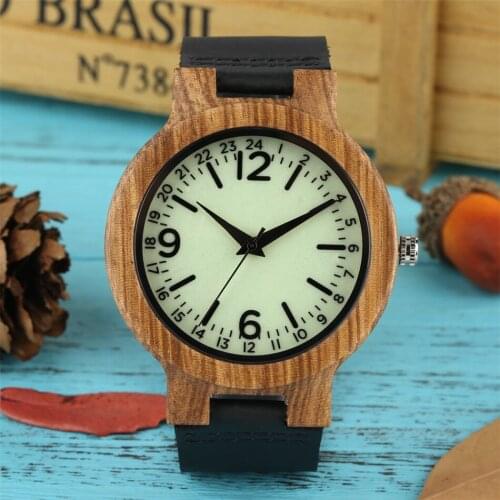 Luminous Green Dial Black Arabic Numerals Zebrawood Men Watches Genuine Leather Wrist Watch Natural Stylish Male Wooden Clock