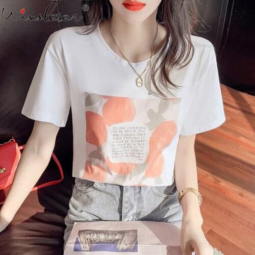 White T-shirt Women Girls Print Cotton O-neck Short Sleeve Preppy Style Casual Tops Tees Summer 2021 T17519A