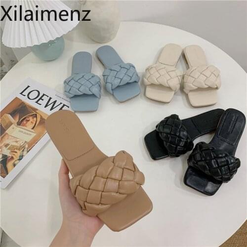 Women Slippers 2021 Hot Women Weave Slippers Flat Shoes Fashion Leisure Shoes Blue Beach Shoe Charm Office Women Slippers