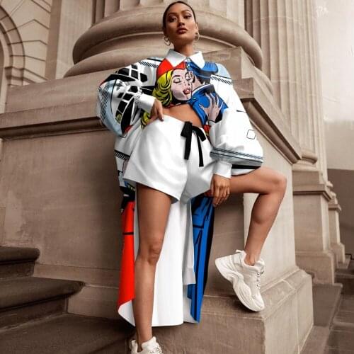 2 Pieces Womens Sets Cartoon Print Blouse Long Shirt Women Tops And Shorts Set Two Piece Set Tracksuit 2021 Summer Autumn