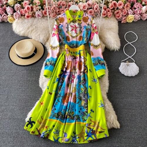 National style long-sleeved holiday long dress female spring new vintage retro temperament printed lapel large swing dress Women