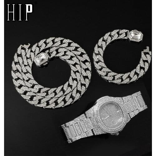 Hip Hop 12.5MM 3PCS KIT Heavy Watch+Square Necklace+Bracelet Bling Crystal AAA+ Iced Out Cuban Rhinestone Chains For Men Jewelry