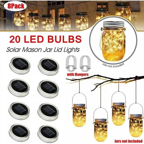 8 Pack Solar String Lights Copper Wire Light String 20LED Creative Home Outdoor Waterproof Decoration LED String Light Jar Lid